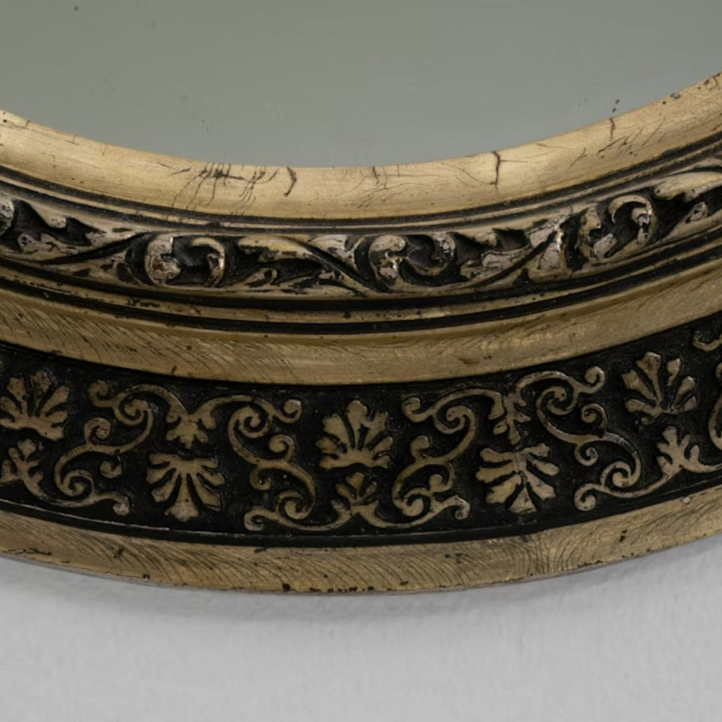 Miroir ovale ancien français floral noir doré, Circa 1880