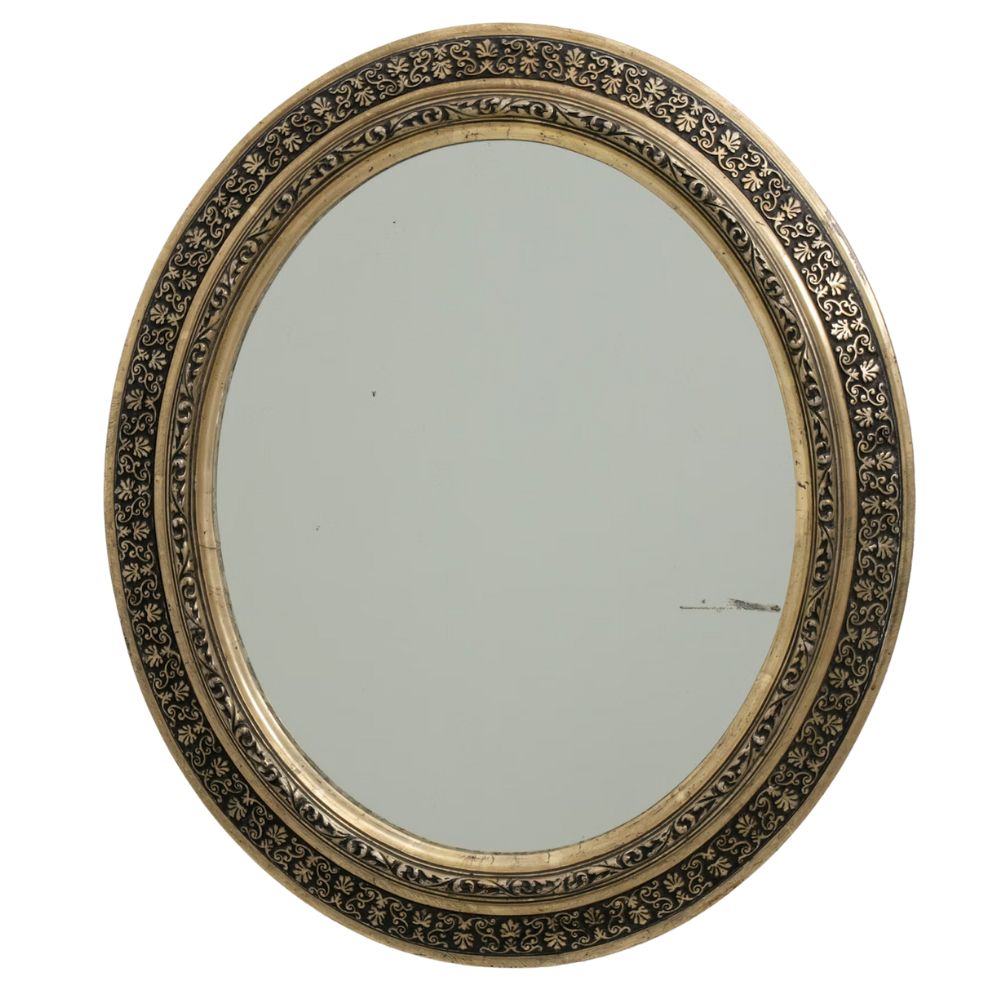 Miroir ovale ancien français floral noir doré, Circa 1880