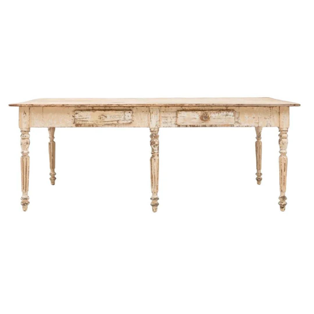 Table de salle à manger de ferme française vieillie, crème, vers 1900