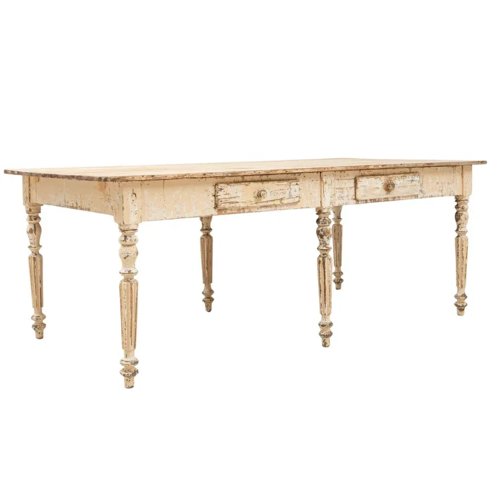 Table de salle à manger de ferme française vieillie, crème, vers 1900