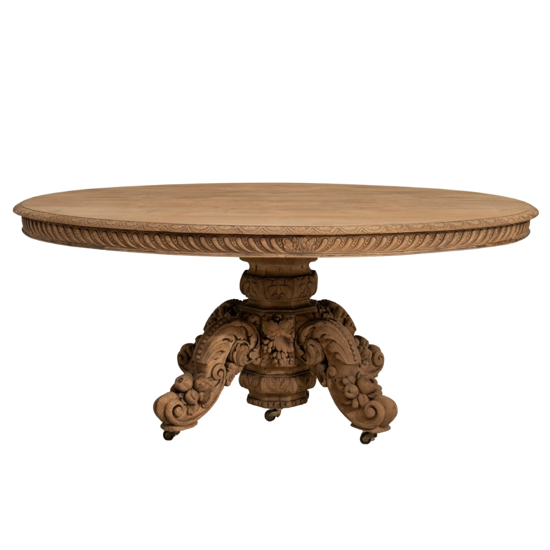 Grande table de salle à manger piédestal en chêne sculpté du Château, vers 1880